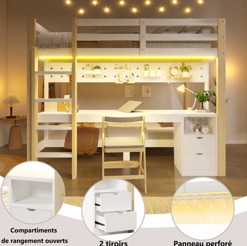 Letto a castello 140x200 e 90x200 in pino con scrivania LED