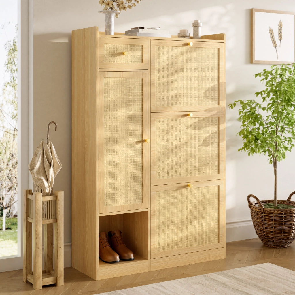 Scarpiera in truciolare con 3 ante a ribalta, 1 cassetto e 1 anta, design in rattan per ingresso, 80,5 × 25 × 125 cm
