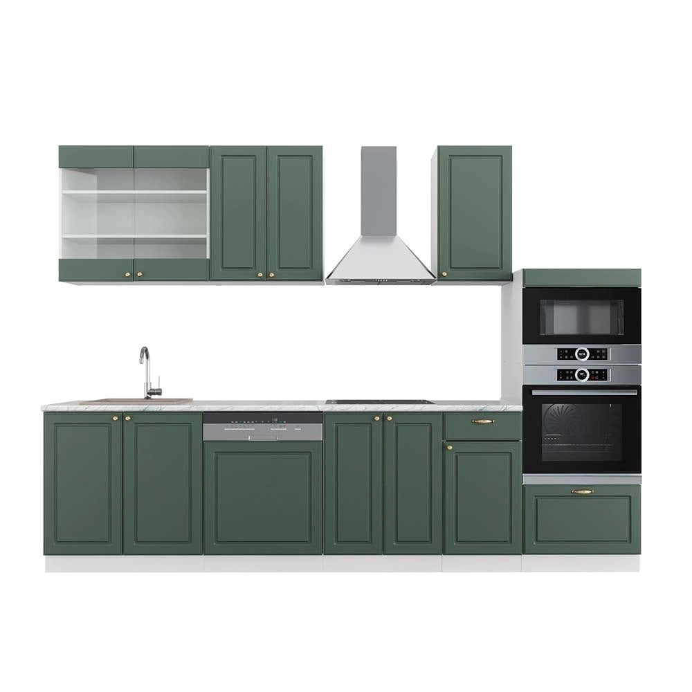 Cucina componibile Fame-Line Verde-oro rustico/Bianco 300 cm con armadio alto, PL Marmo Vicco