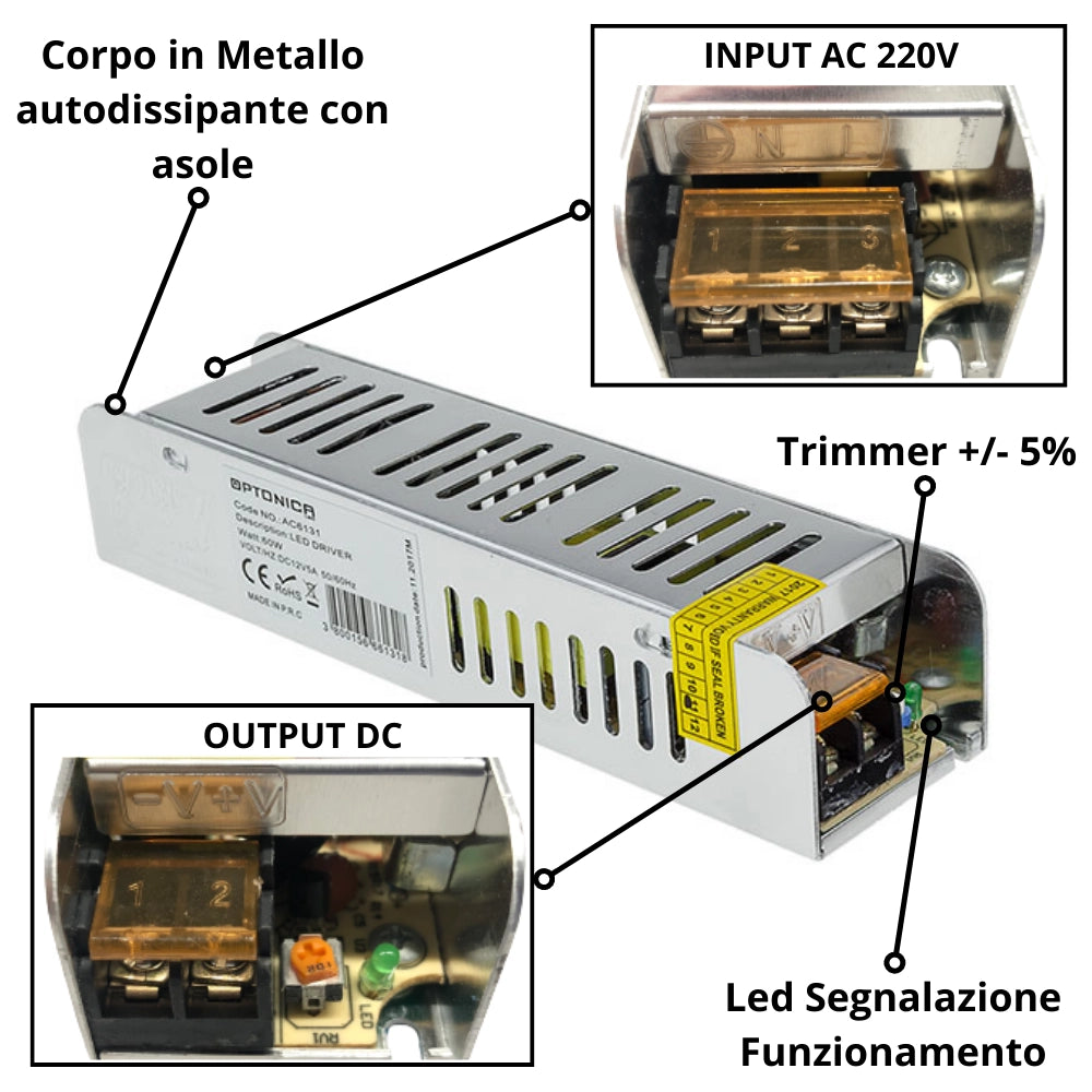 Alimentatore led sottile 60w 12v 5a ip20 per installazioni interne
