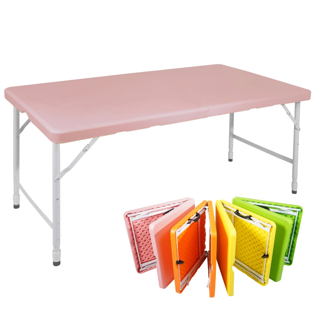 Tavolo pieghevole regolabile in altezza in plastica e ferro rosa per uso interno ed esterno 125 × 61 × 58-74 cm