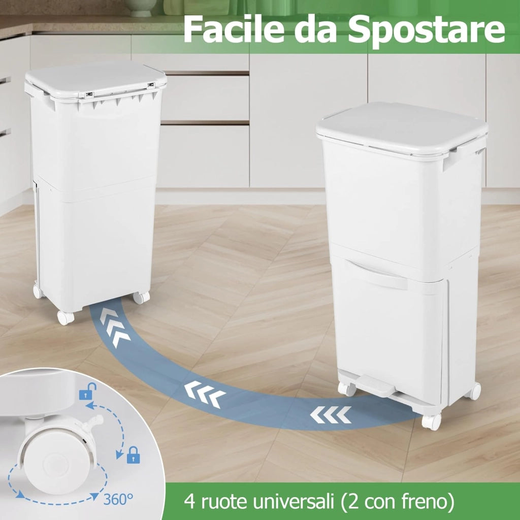 40L Pattumiera a 2 Livelli, Bidone per Spazzatura con Cestino Inclinato, 4 Ruote e Adesivi, Pattumiera in Plastica a Pedale per Cucina Sala da Pranzo Soggiorno