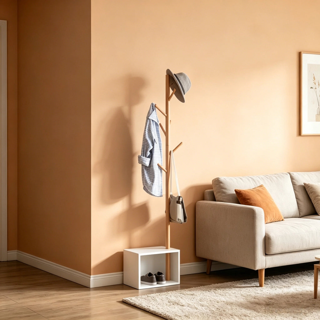 APPENDIABITI con panca e vano contenitore 40x30x180 cm Bianco/Bambù 6 ganci