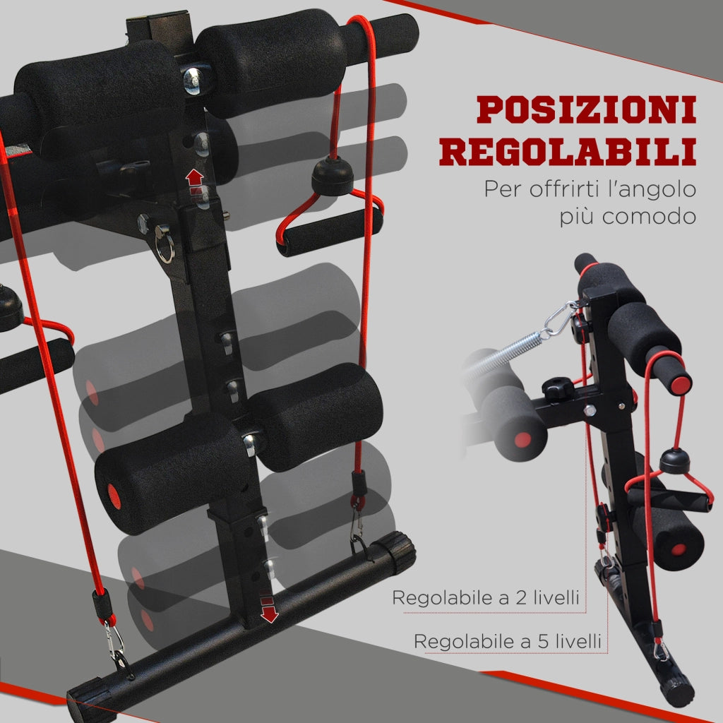 Panca Multifunzione con Vogatore a Molla e Schienale Regolabile e 2 Corde Elastiche, 55.5x137.5 cm Nero