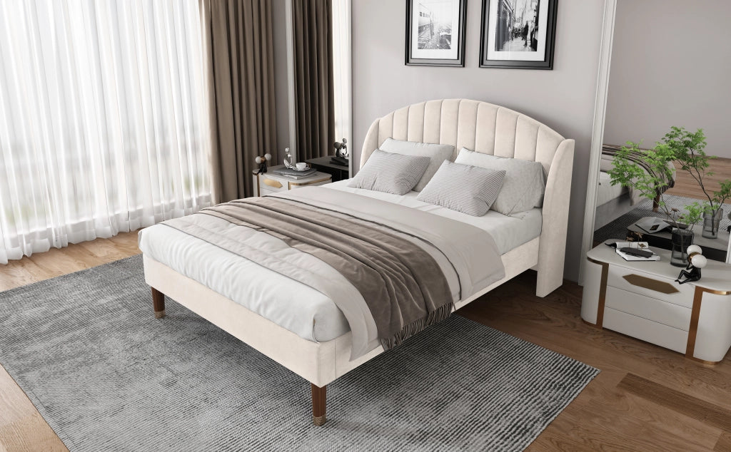 DESMIU Letto Imbottito 140 × 200 cm 2 Posti con Testiera Imbottita, senza Materasso, in Velluto Beige