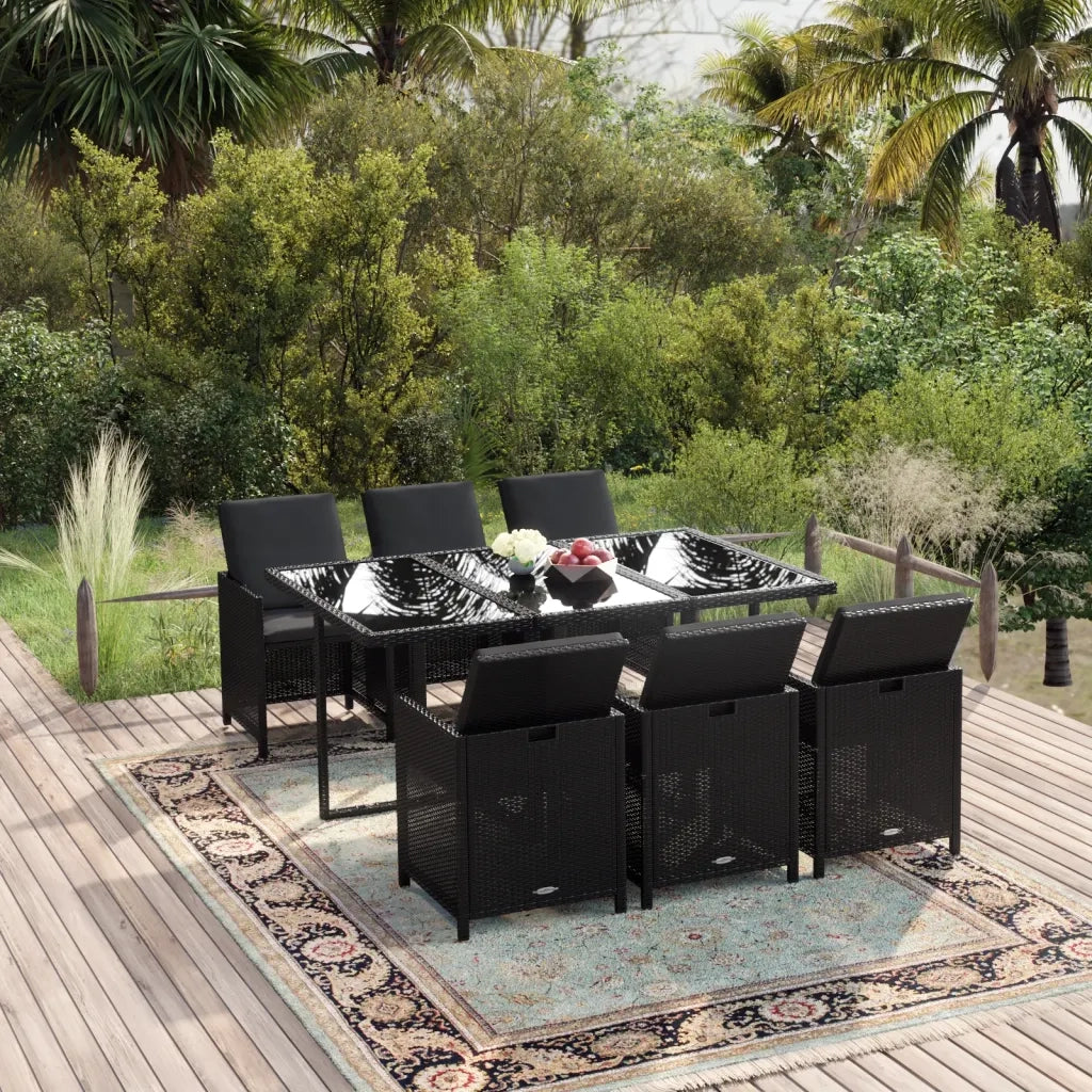 Set da Pranzo da Giardino 7 pz con Cuscini in Polyrattan Nero cod mxl 50570