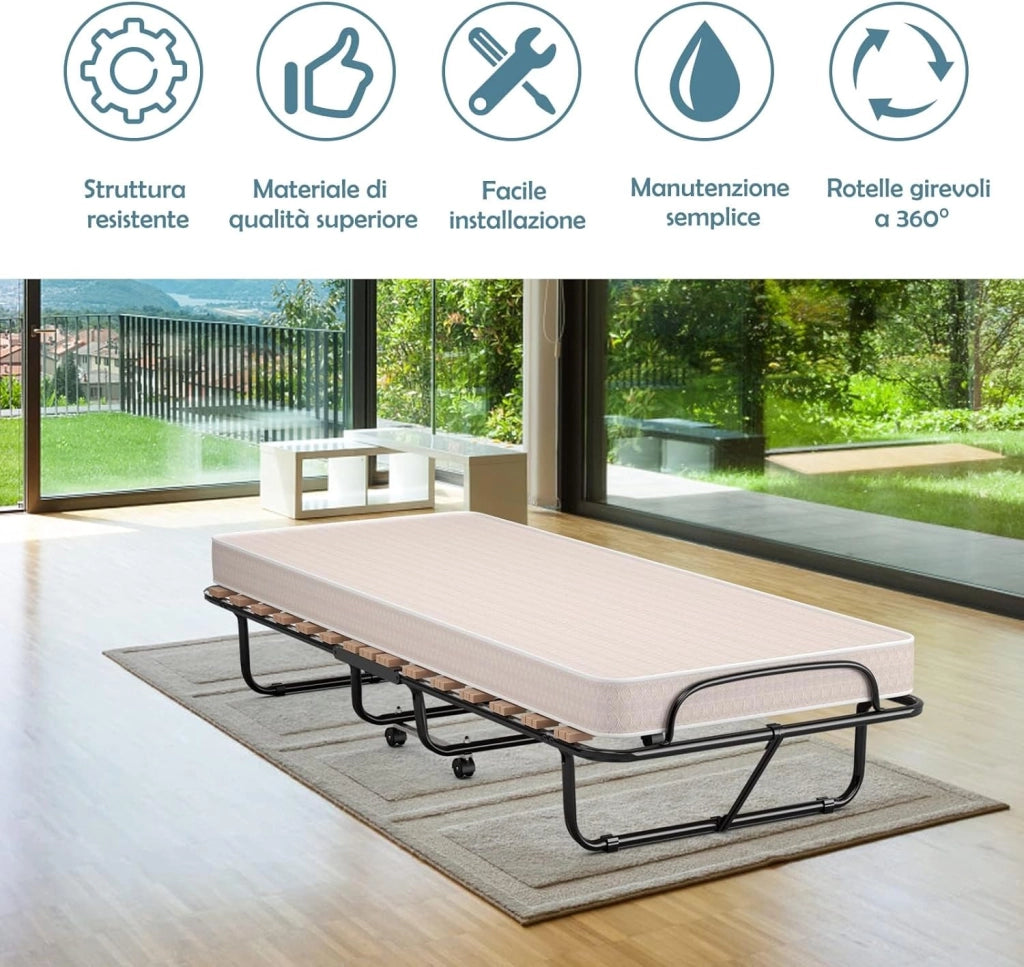 Brandina Pieghevole con Materasso, in Memory Foam, Struttura Resistente e 4 Ruote Girevoli, Lettino Pieghevole per Casa Ufficio, 190x80x39 cm