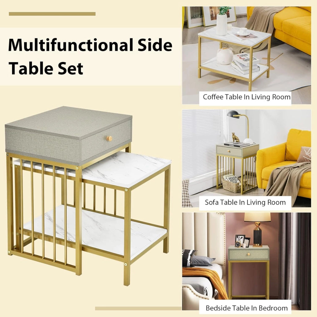 Set di 2 Tavolini con Cassetti, Tavolo da Soggiorno Annidabile, Comodino in Metallo Dorato, Tavolino da Caffè dal Design Elegente e Moderno, Ideale per Soggiorno, Camera da Letto