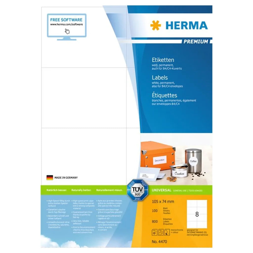 HERMA Etichette Permanenti PREMIUM A4 105x74 mm 100 Fogli 443774