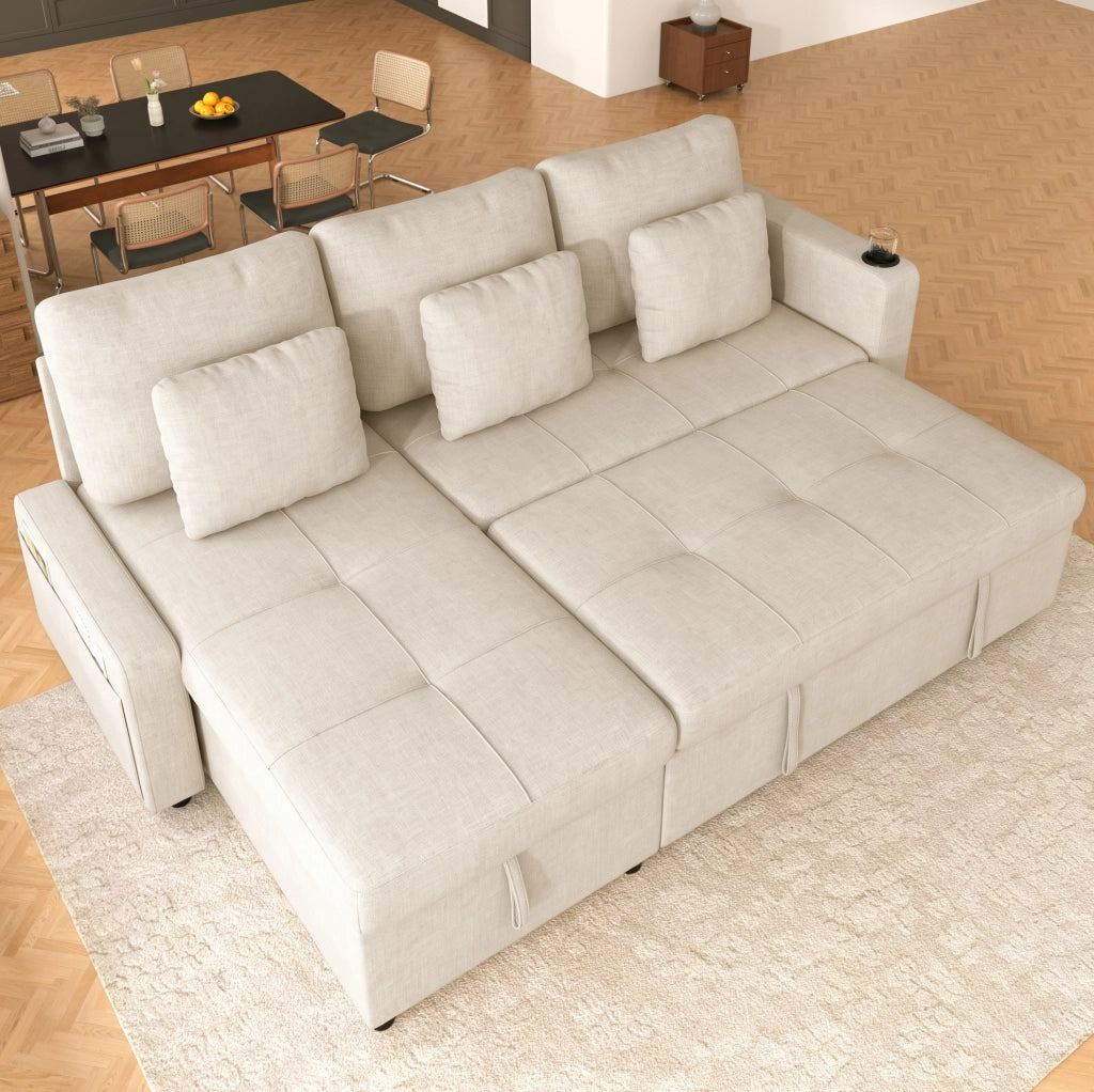 DIVANO LETTO 3 Posti Estraibile con Récamiere e Contenitore in Chenille Beige Chiaro
