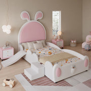 Letto imbottito per bambini con scivolo, scaletta e orecchie da coniglio, 90x200 cm