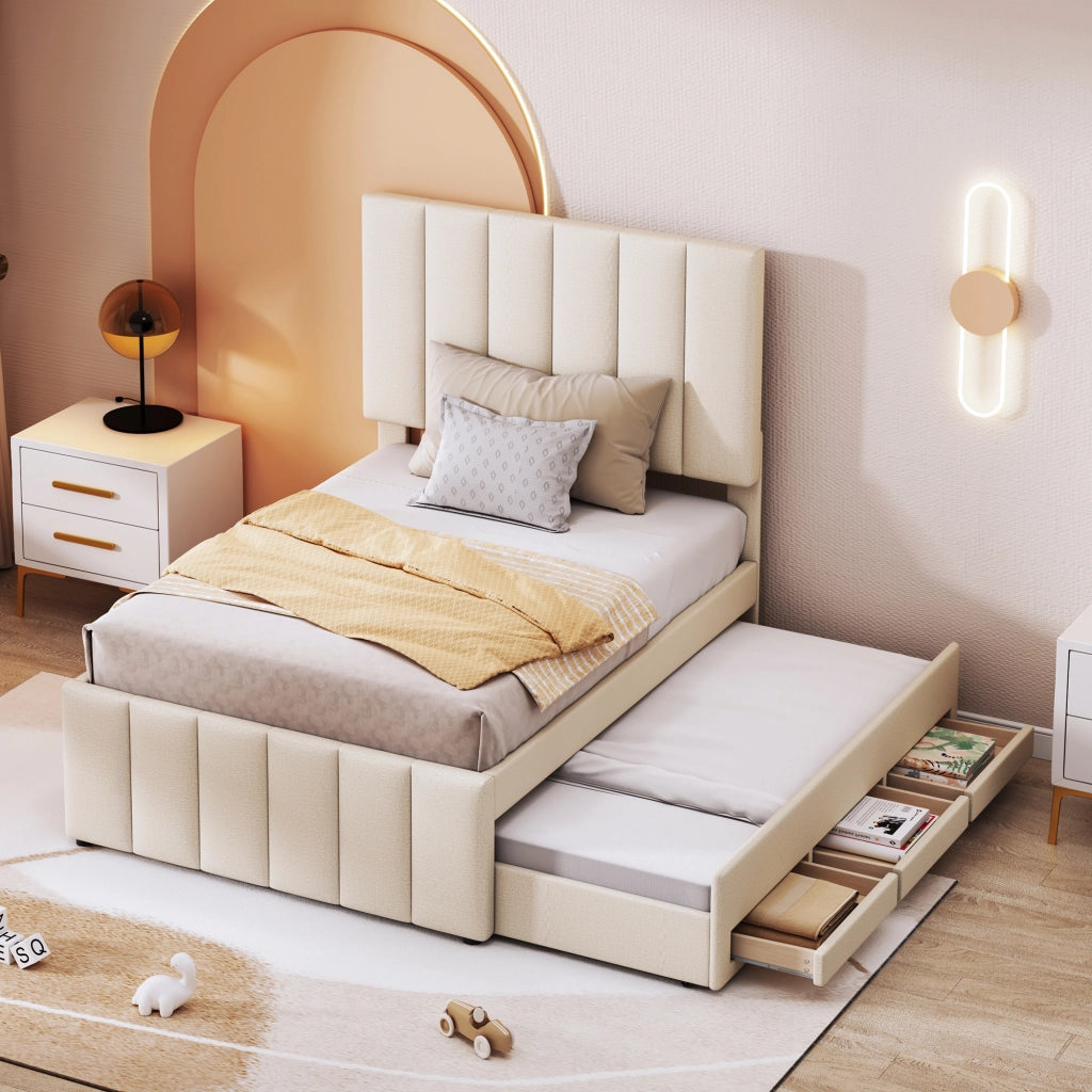 Letto imbottito singolo 90×200 cm con letto estraibile e 3 cassetti; rete; senza materasso; beige