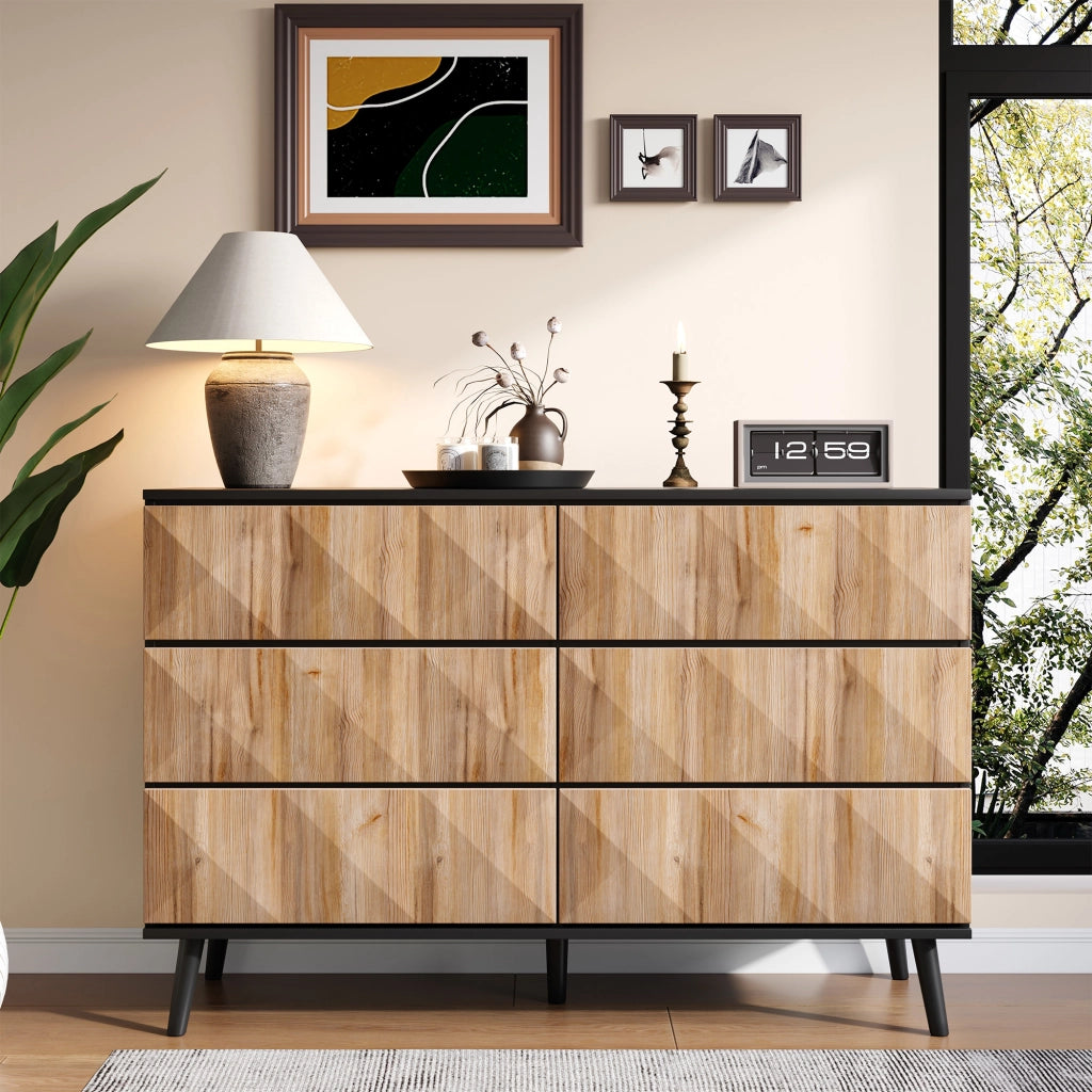 Credenza con 6 Cassetti; Frontali in Rilievo e Maniglie a Scomparsa; Stile Moderno; in MDF; Nero e Naturale; 120??40??85 cm