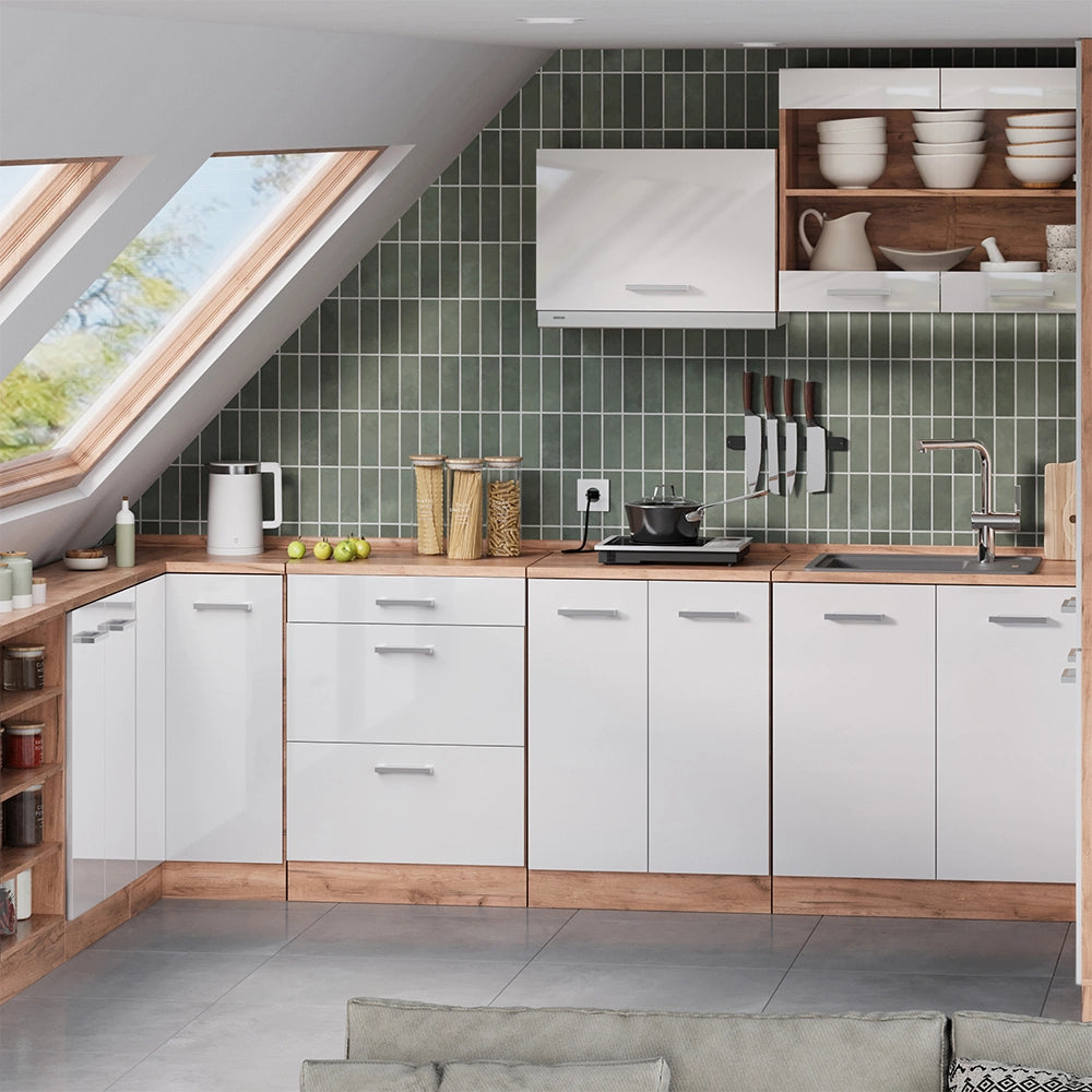 Mobile cucina sottotetto R-Line Bianco lucido/Rovere dorato 80 cm senza inclinazione con 2 ante Vicco