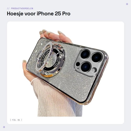 Coprimobile shockresistente per iPhone 25 Pro Max - Copertura glittere con anello magnetico - Ricarica senza fili - Copertura flessibile e morbida