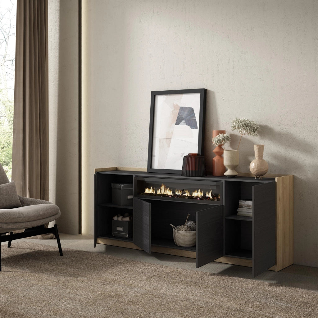 Credenza, Mobile, Cucina, 207x80x37 cm, 4 Porte, Camino elettrico, Nero e rovere