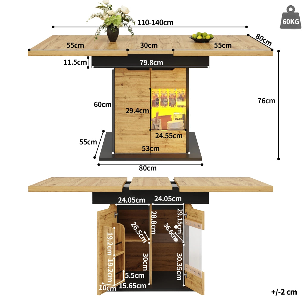 Tavolo da pranzo allungabile per 4-6 persone con vani contenitori e LED in Vetro e MDF 110-140 x 80 x 76 cm Nero