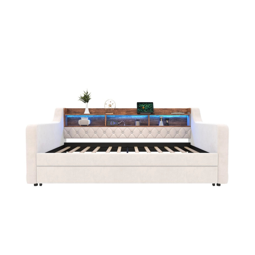 Letto Singolo Contenitore Imbottito in Velluto con LED e USB ¨C MINIMAL ¨C Beige 90x190