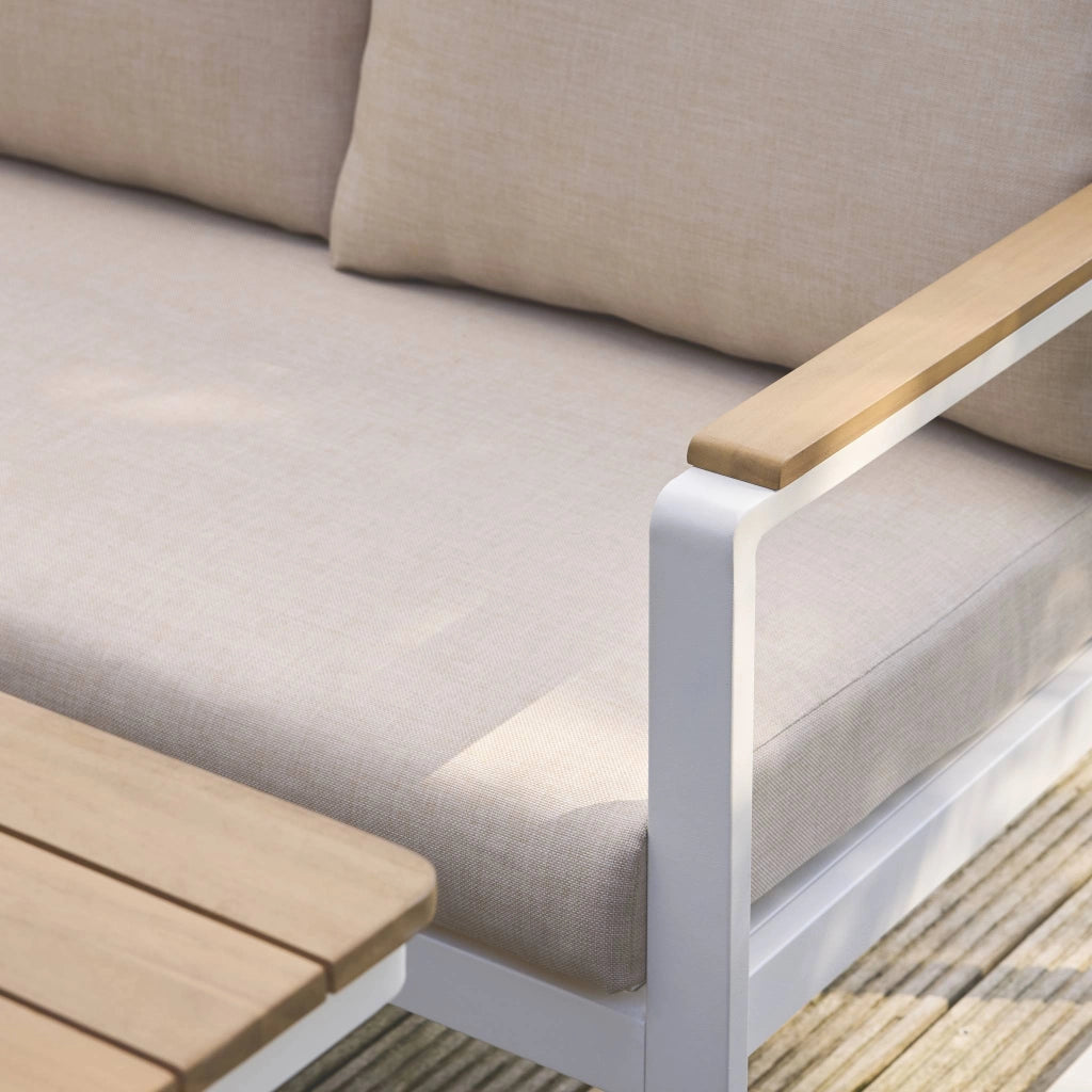 Salotto da giardino in legno di acacia e alluminio, 8 posti, bianco