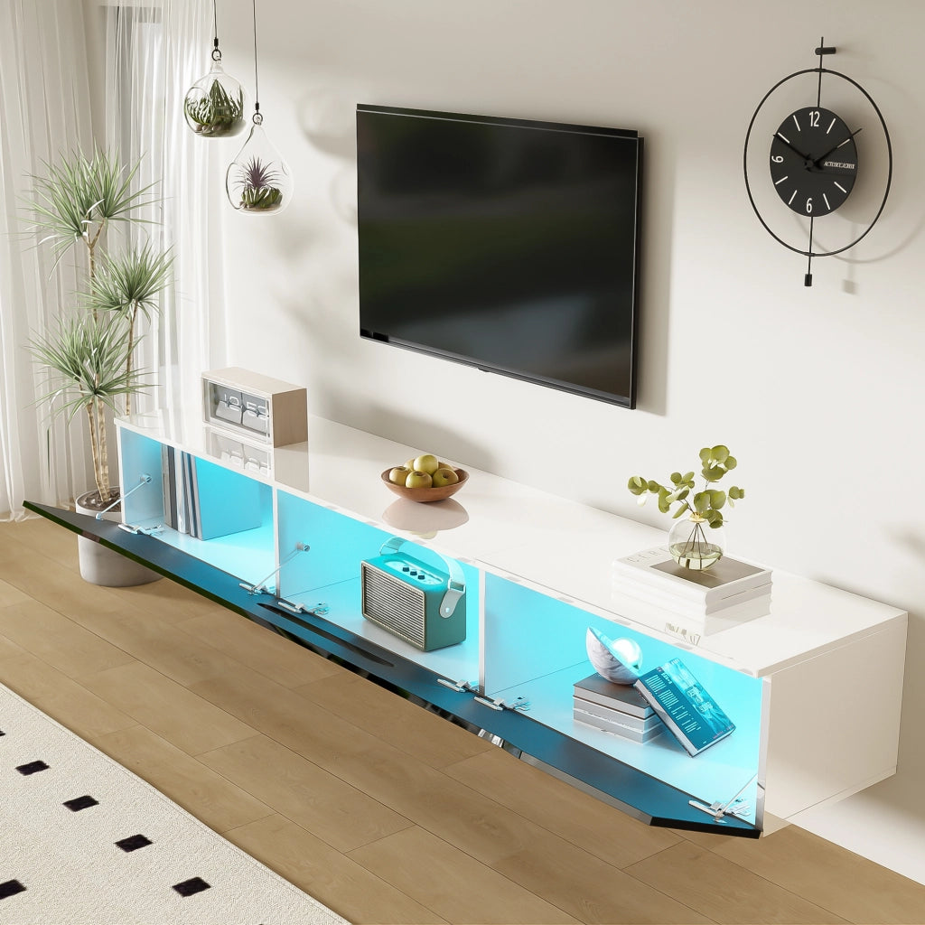 OKWISH Mobile TV con 3 Ante e LED, Montaggio a Parete o a Pavimento, per Soggiorno, MDF, Nero e Bianco, 180×35×30 cm