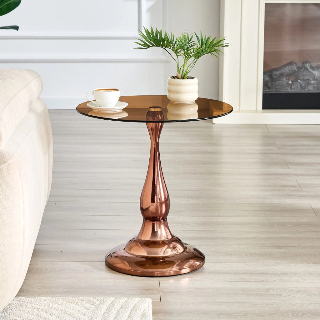 Tavolino basso in vetro temperato con base in metallo per soggiorno e camera da letto marrone diametro 50 cm