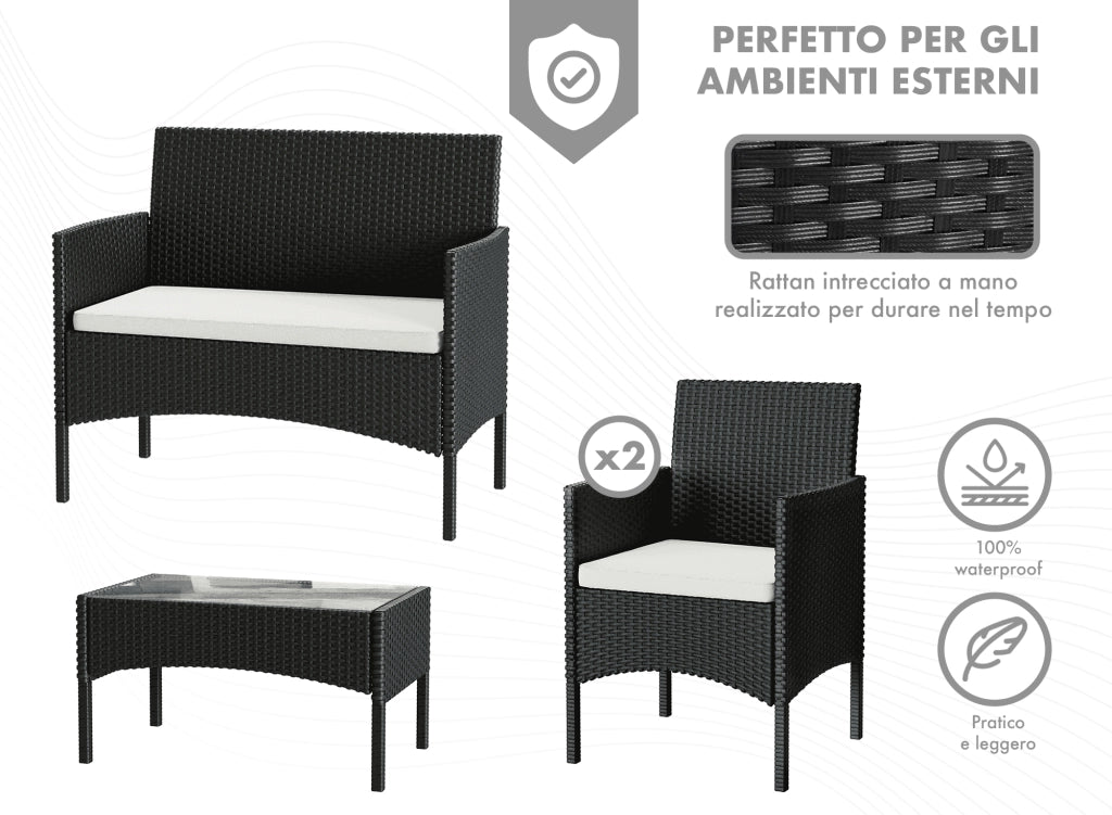 Salotto Da Esterno In Rattan 2 Poltrone 1 Divano 1 Tavolo Giardino Esterno Con Cuscini Terrazzo Patio Salotto Relax Primavera Estate  Mobili Estivi 4 Posti Tavolo Ripiano In Vetro