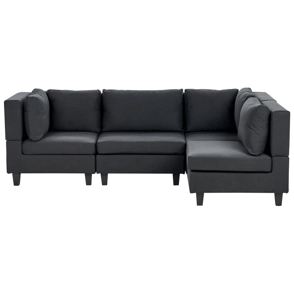 Divano componibile 4 posti imbottito in tessuto nero gambe nere schienale imbottito lato sinistro stile moderno