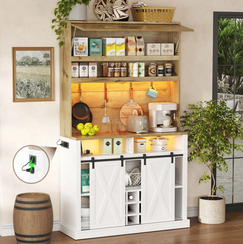 Credenza alta 110x40x191 cm con LED RGB; ripiani aperti e vetrina in MDF naturale e bianco