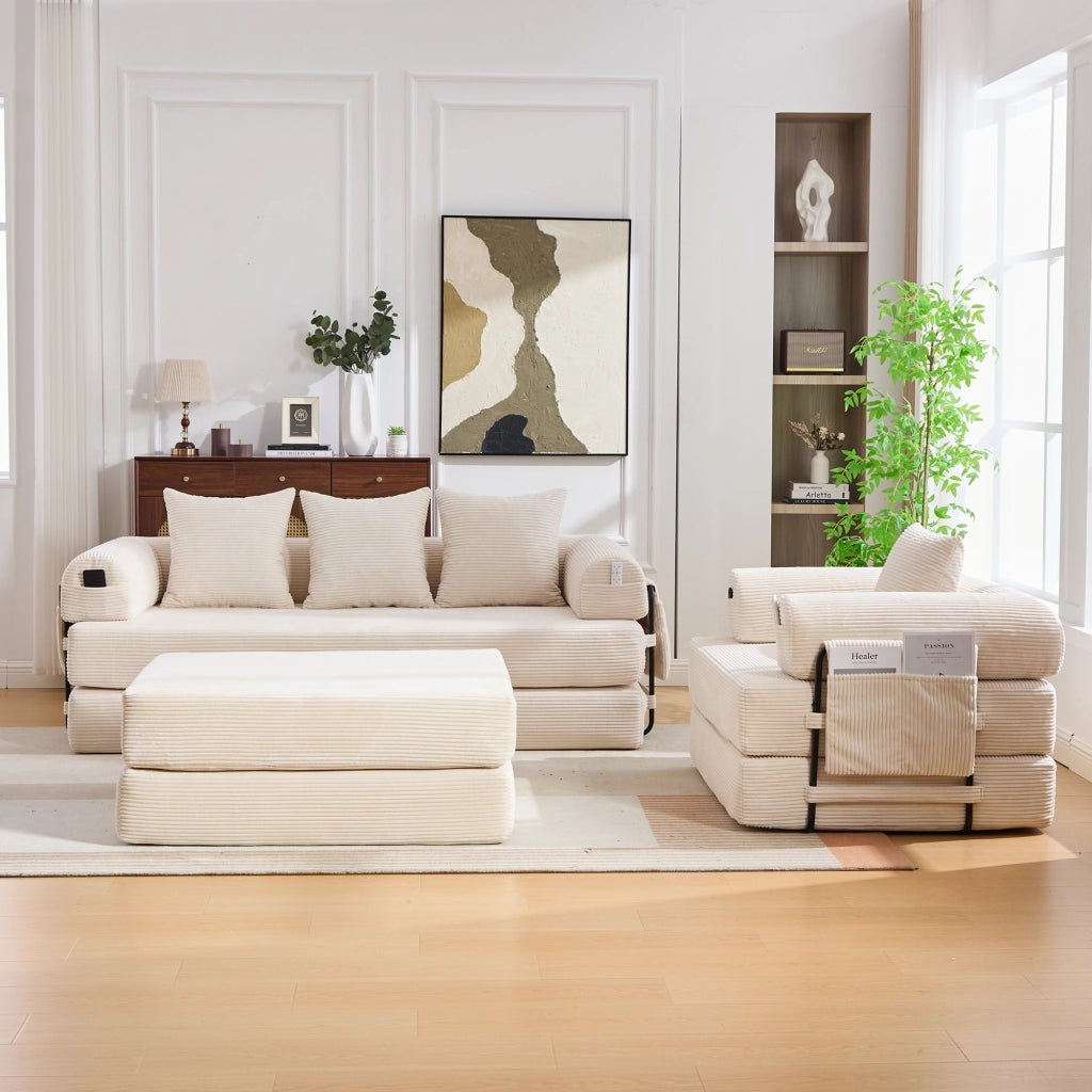 Divano modulare in corda beige con pouf, tasca laterale, 3 cuscini e struttura in metallo