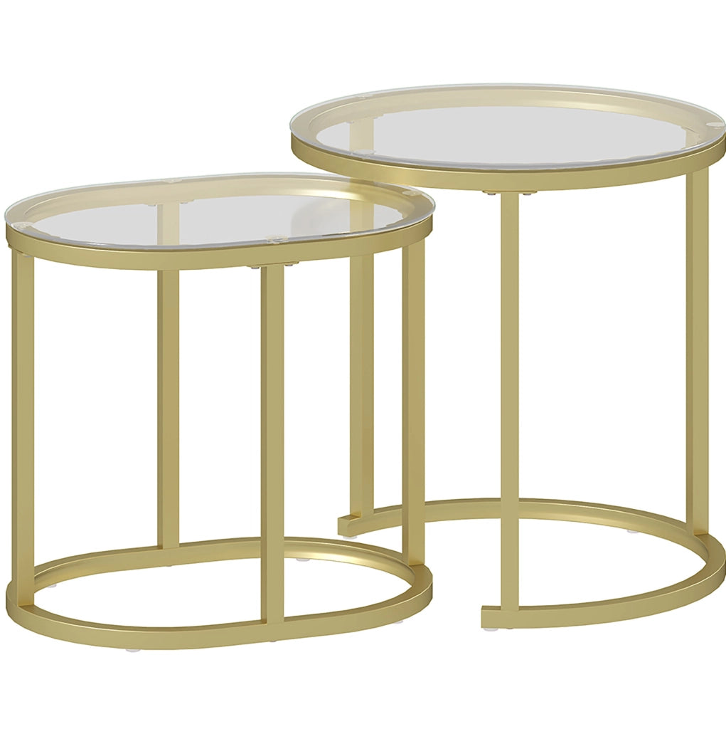Set di 2 tavolini da caffè oro Ø50 cm e 60x36 cm impilabili in vetro