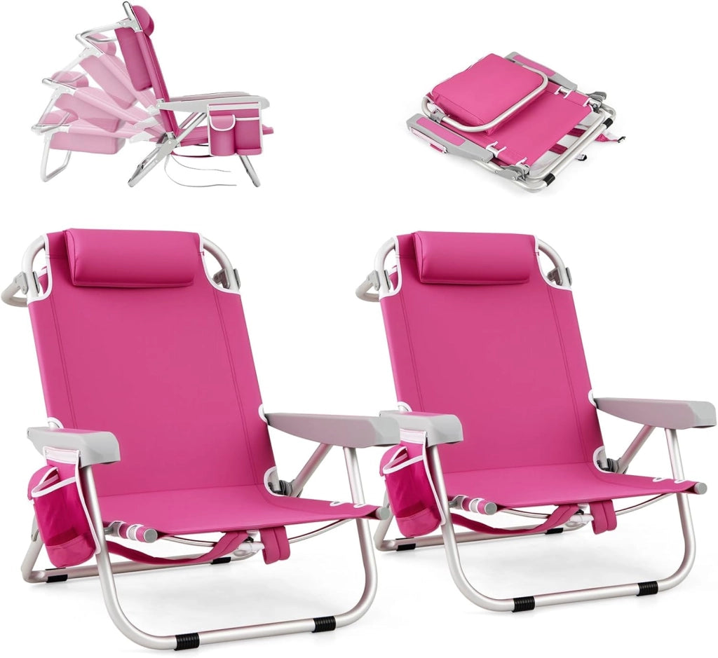 Sedia da Spiaggia Pieghevole, Spiaggina con Schienale Regolabile in 5 Posizioni, Sdraio Mare con Poggiatesta, Lettino Prendisole con Tasca Laterale, Carico 150 kg (Rosa*2)