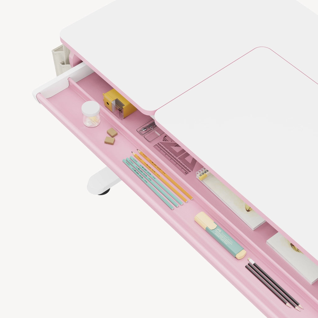 Scrivania Kuosa per Cameretta Regolabile in Altezza con Piano 120 x 60 cm e Cassetto - Rosa/Bianco [en.casa]