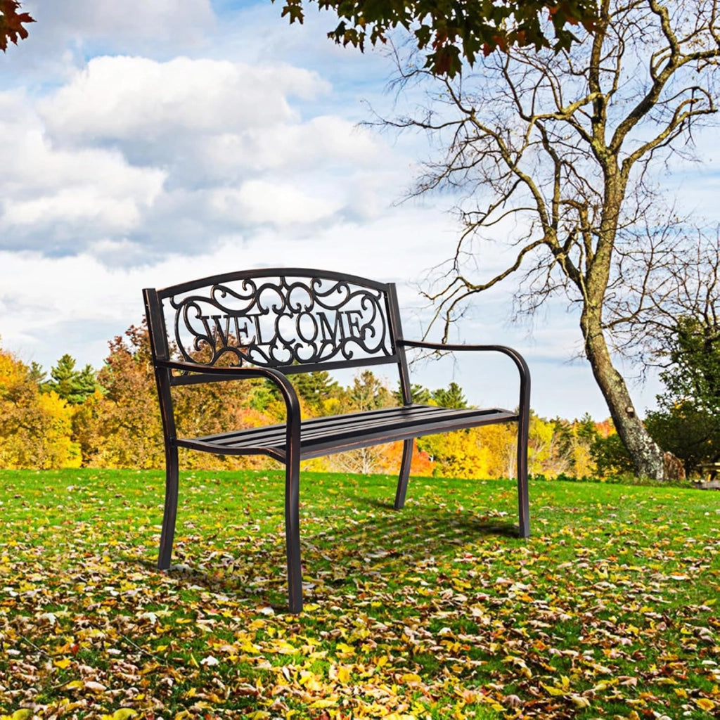 Panchina da Esterno, Panca di Metallo con Schienale Bello, Sedile Ampio e Braccioli Ergonomici, Panchina da Giardino, Balcone e Cortile, Portata 320 kg, 127 x 63,5 x 89 cm (Bronzo)