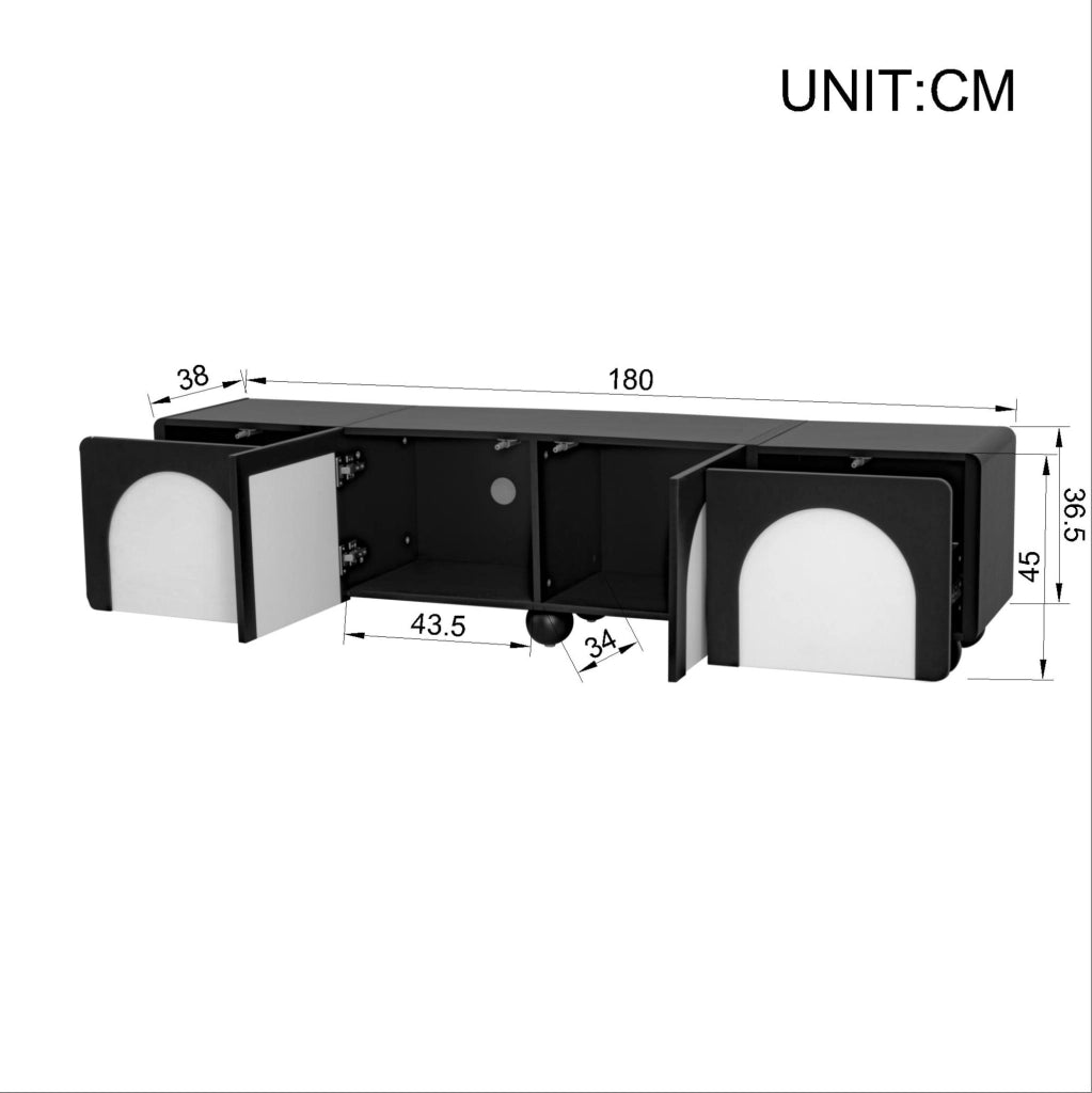 Mobile TV con 2 cassetti e 2 ante; 180x38x45 cm; MDF; nero e bianco