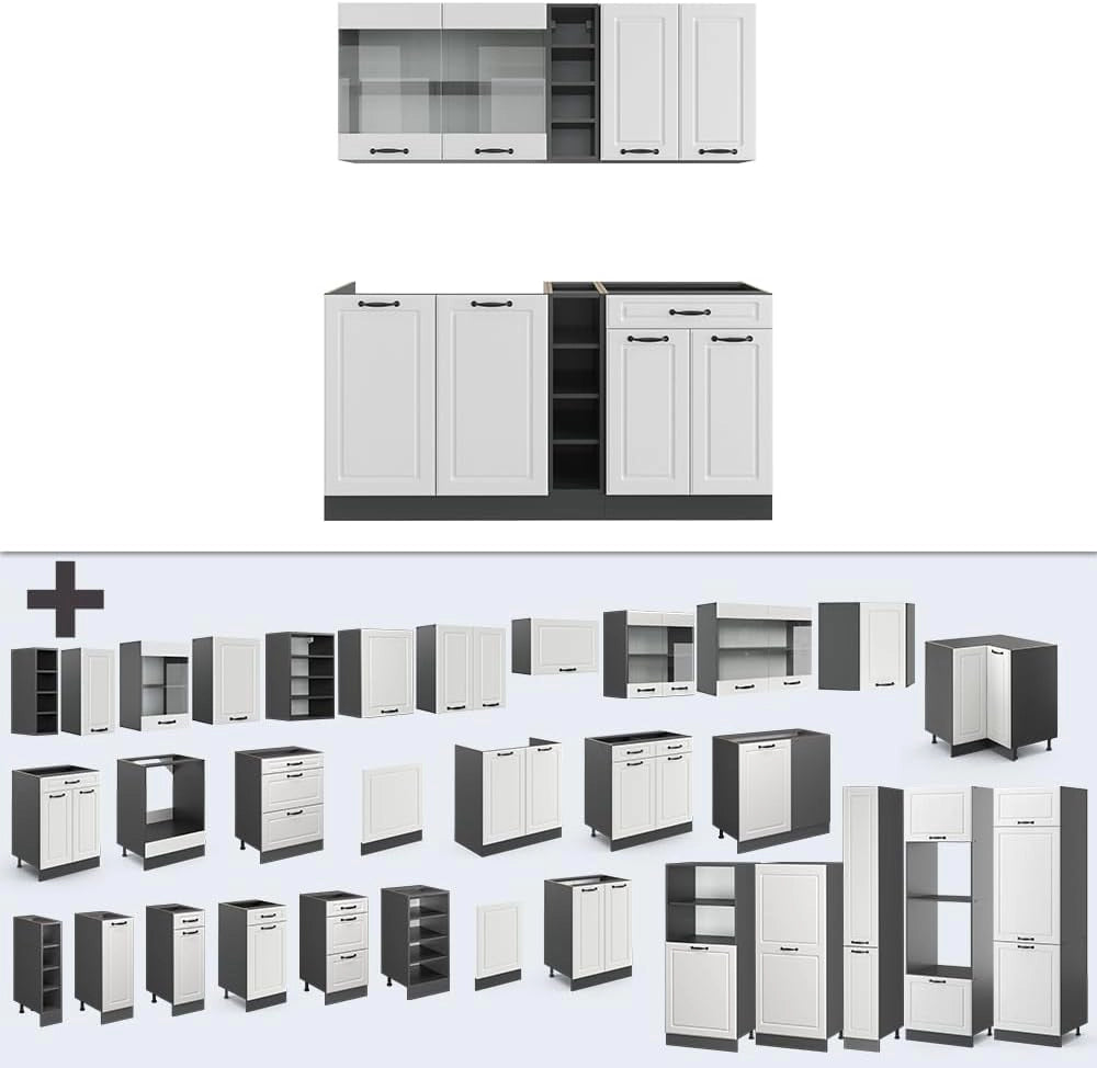 Cucina completa R-Line, Bianco casa di campagna/antracite, 160 cm, PL Marmo, adatto per l'espansione individuale con moduli aggiuntivi