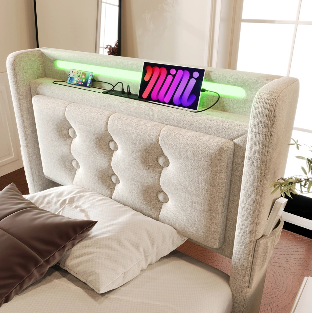 Letto matrimoniale 90x200 cm imbottito con testiera LED; prese e USB; beige in cotone-lino