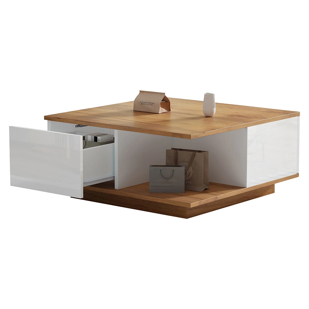 Tavolino geometrico - Xylo - 70x70cm 3 cassetti bianco/legno