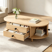 Tavolino basso con 2 cassetti e ante scorrevoli, in MDF con gambe in legno massello, per soggiorno, 100 × 50 × 36 cm