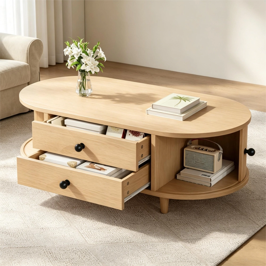 Tavolino basso con 2 cassetti e ante scorrevoli, in MDF con gambe in legno massello, per soggiorno, 100 × 50 × 36 cm