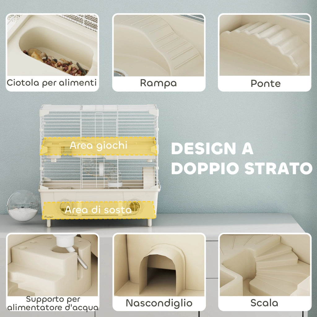 Gabbia per Criceti a 2 Livelli 44,5x28x44 cm 3 Porte Ruota e Tubi in Acciaio e PP Crema e Bianco