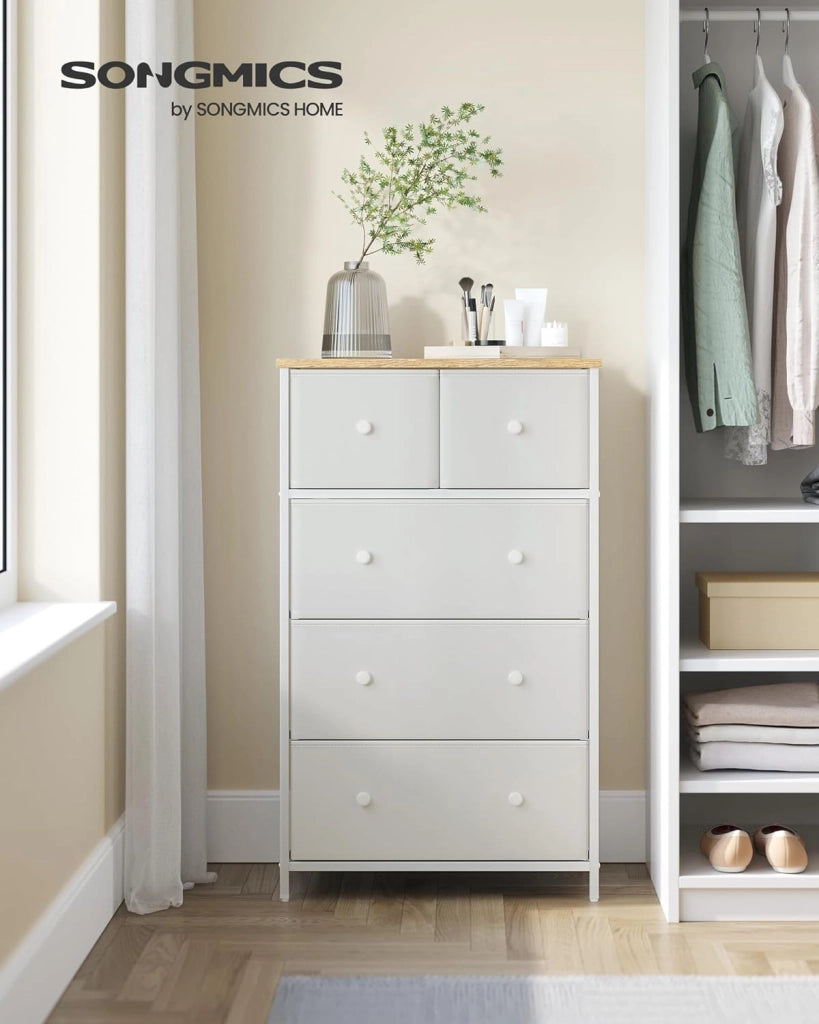 SONGMICS Cassettiera, Mobiletto con 5 Cassetti in Tessuto, Piano e Fronte in Truciolato, Credenza, Camera da Letto Soggiorno Ingresso Cameretta, Bianco e Rovere LTS514W57