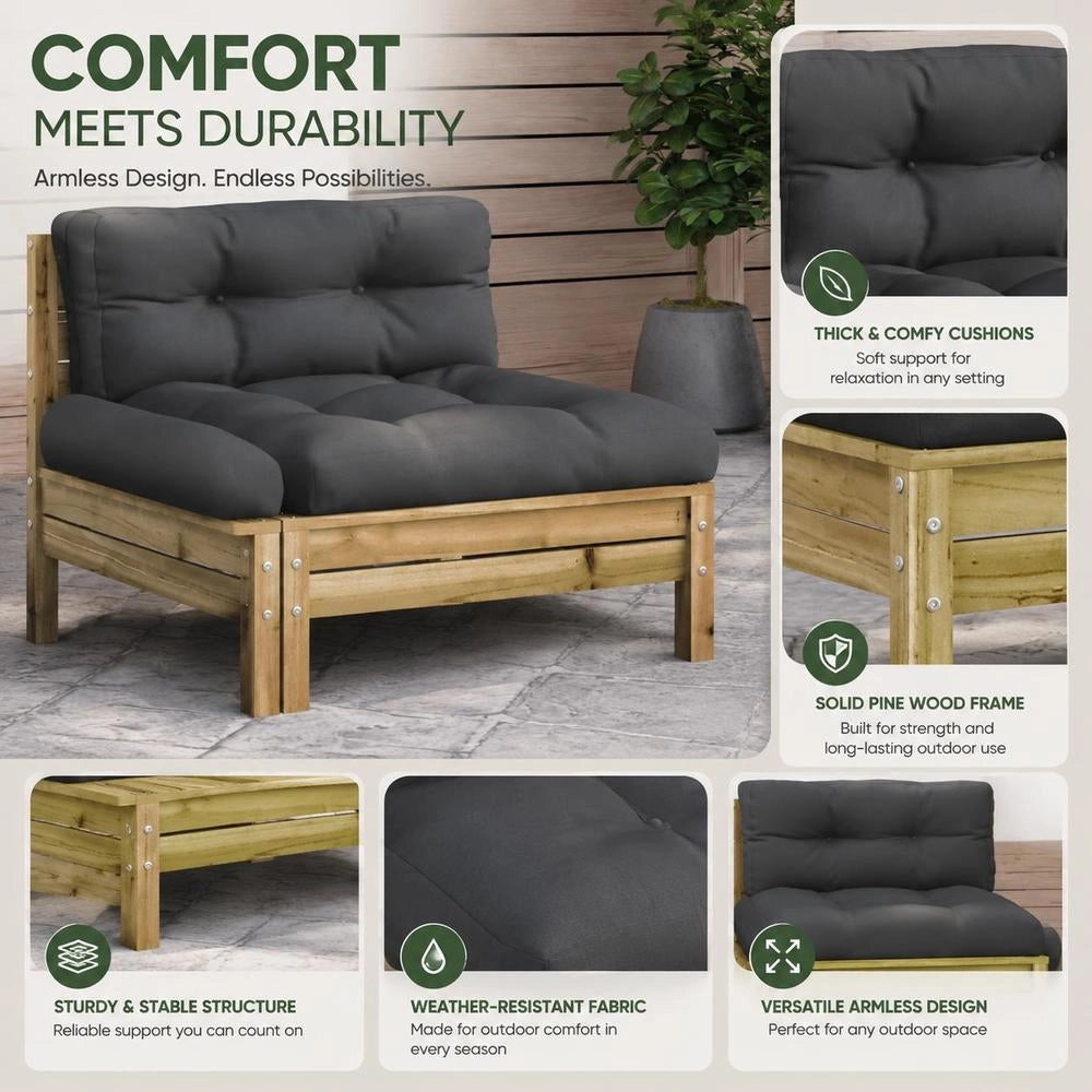 Garden Sofa Without Armrests With Cushions, Pine Wood