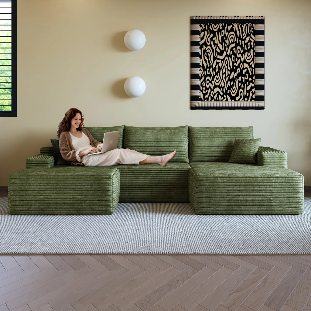 Divano angolare modulare con chaise longue a L e seduta profonda, senza attrezzi, in tessuto a coste verde