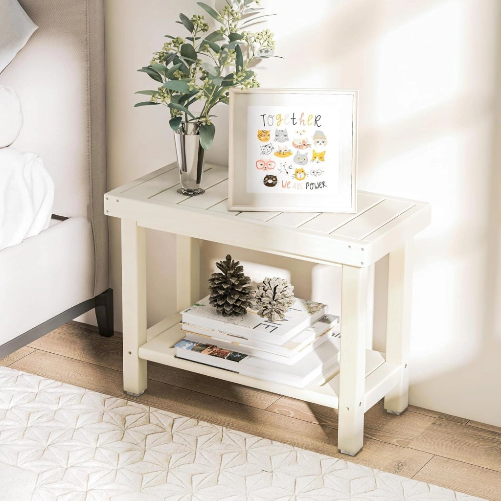 Sgabello da Doccia a 2 Livelli, Panca da Bagno Impermeabile con Piedini Antiscivoli, Design a Stecche, Sgabello Versatile con Carico 150 kg, 61 x 31 x 49 cm (Bianco)