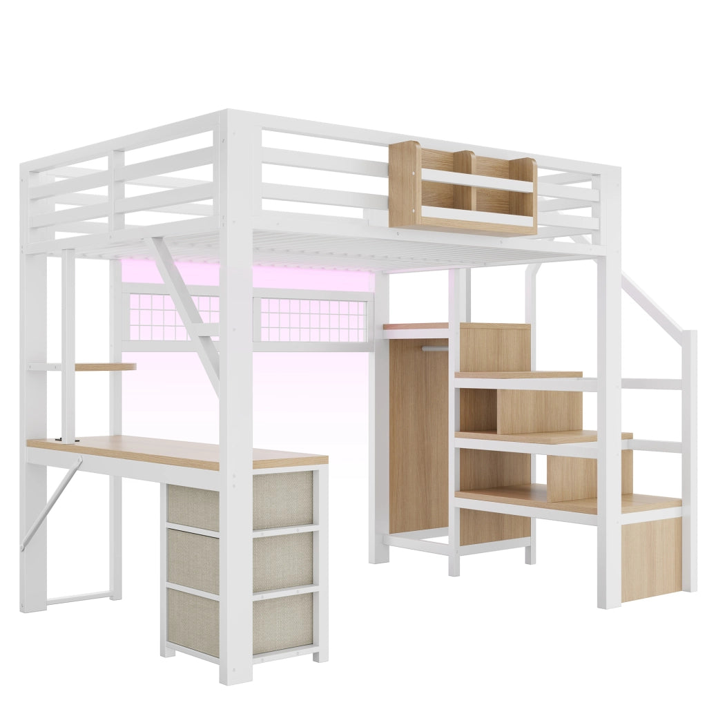 Letto a soppalco 140x200 cm con scrivania; 3 cassetti e LED in MDF e metallo bianco
