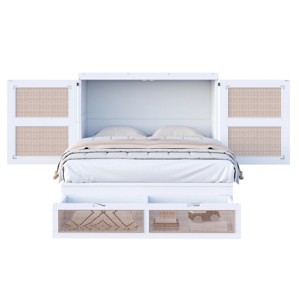 Letto a scomparsa verticale 140x200 cm in legno bianco con rattan; cassetti contenitore