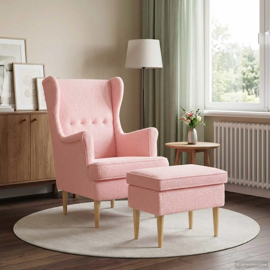 Poltrona con Ottomano 2 pz Rosa Bouclé 3418835