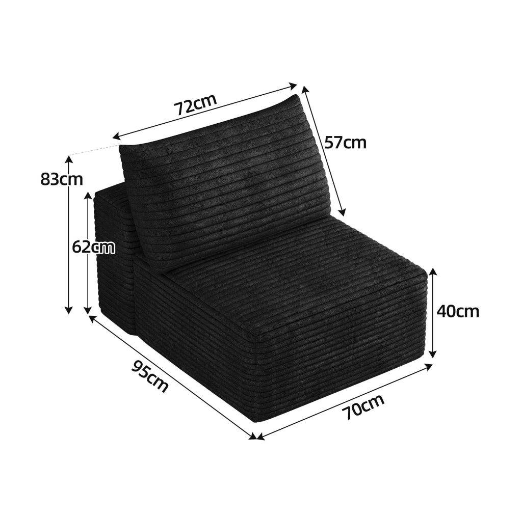 Divano modulare con chaise longue in tessuto nero, stile compatto salvaspazio