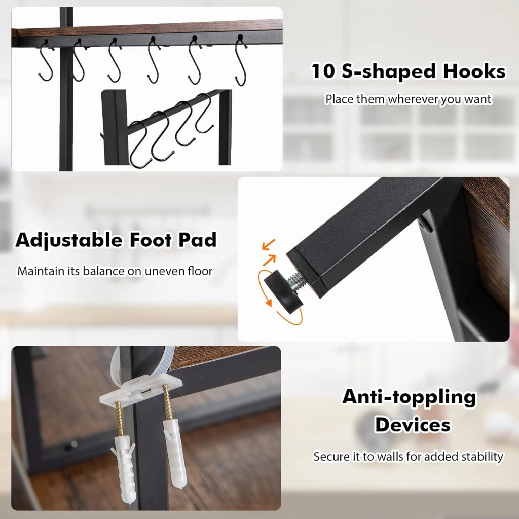 GIANTEX Scaffale da cucina a 5 livelli, supporto a microonde con 2 prese, 10 ganci a S, telaio in metallo, gambe regolabili, dispositivo antiribaltamento, bar da caffè, scaffale per cucina