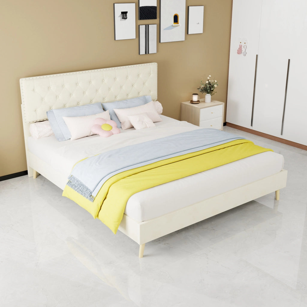 Letto imbottito moderno con testiera morbida, 160x200 cm, beige